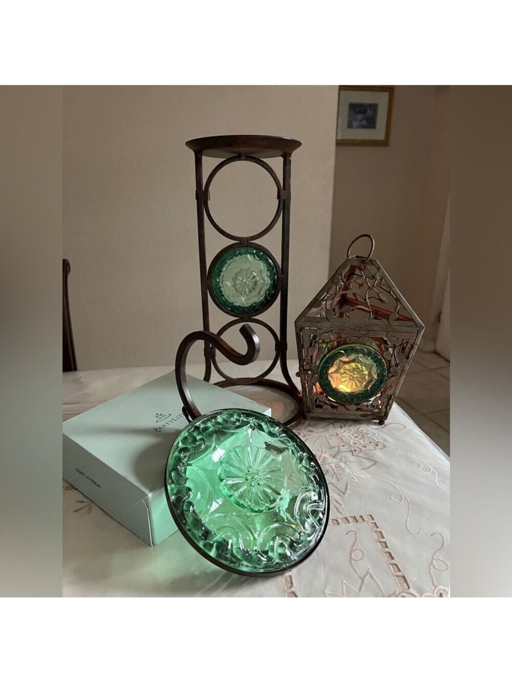 Partylite La Rosetta Green Glass Bronze Metal Lantern Sconce & Pillar Stand